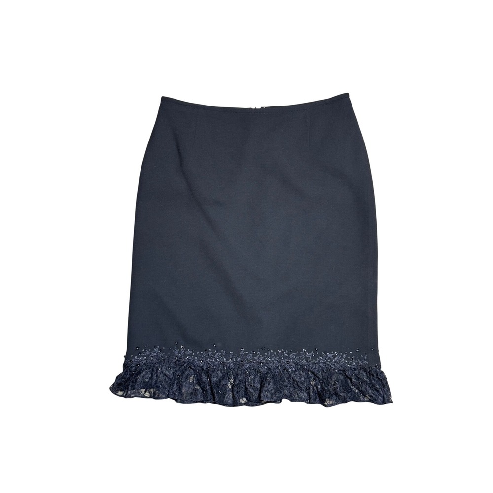 Black Beaded Lace Ruffle Hem Pencil Skirt